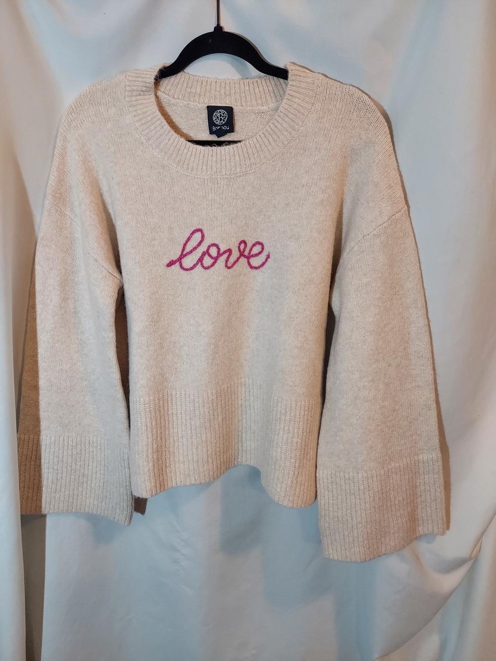 Bobeau Oatmeal Cream "Love" Embroidered Ribbed Bell Sleeve Sweater LP